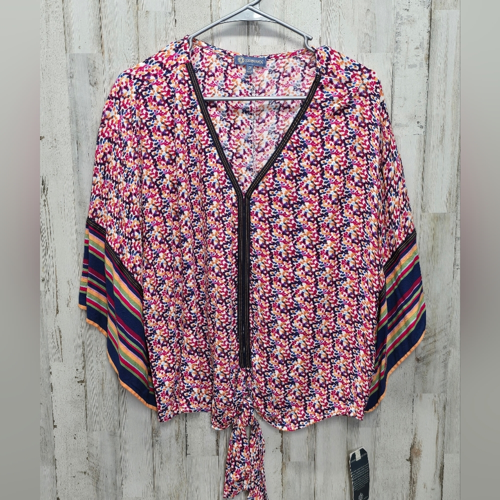 Democracy Tie Front Top M 3/4 Kimono Sleeve Geometric NEW